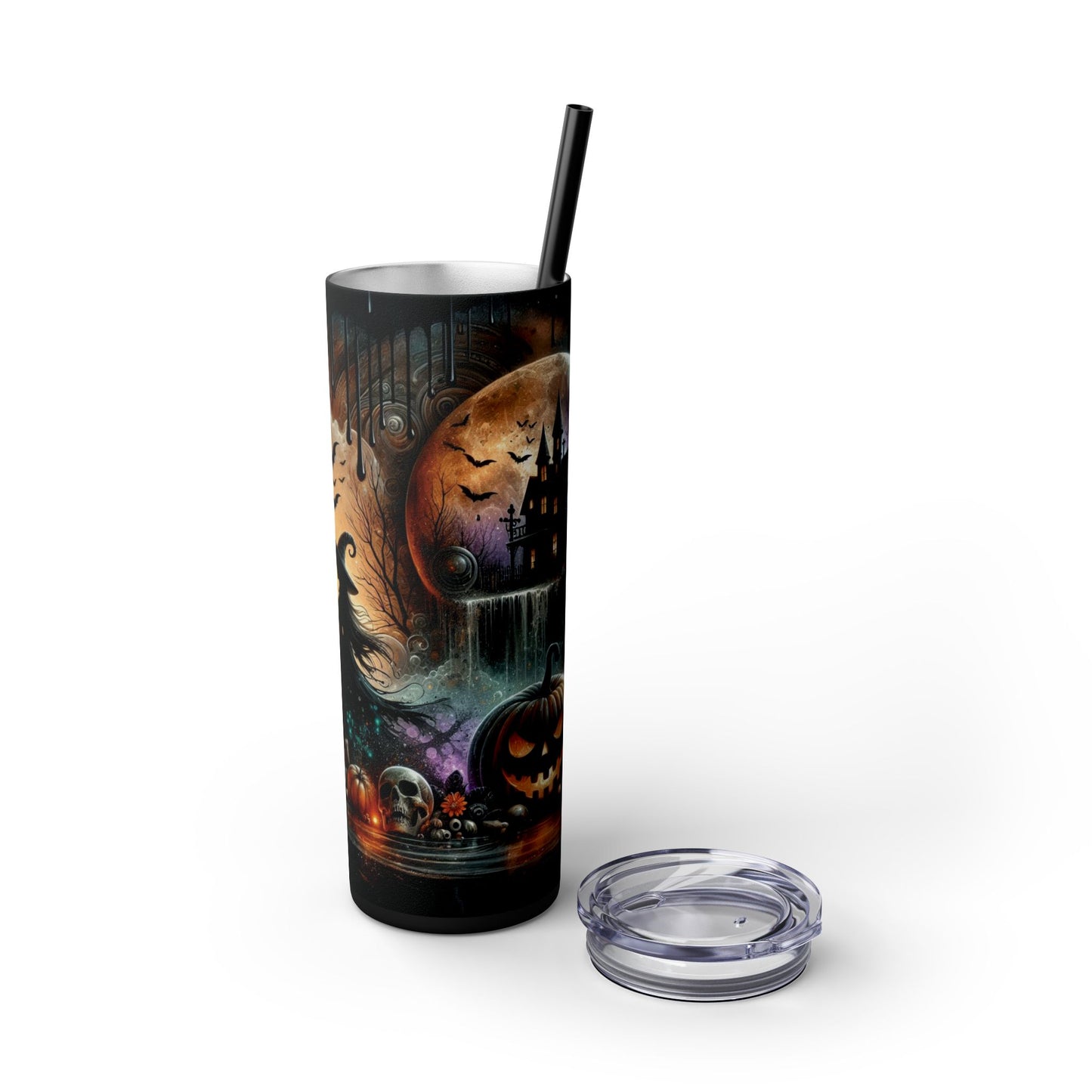 Witch Pumpkins and Skulls Creepy Halloween Skinny Tumbler with Straw, 20oz