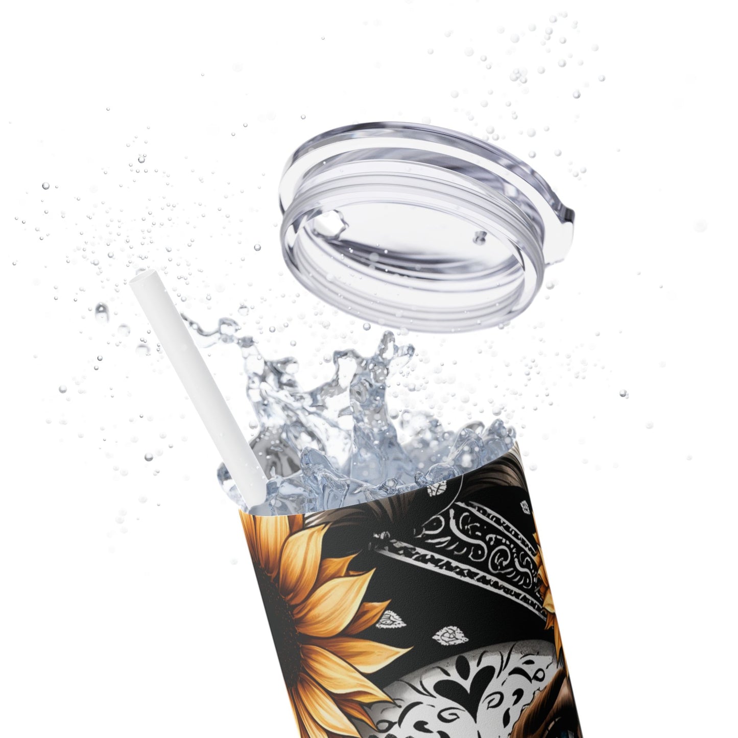 Sugar Skull Day of the Dead Sunflower Theme Skinny Tumbler with Straw, 20oz