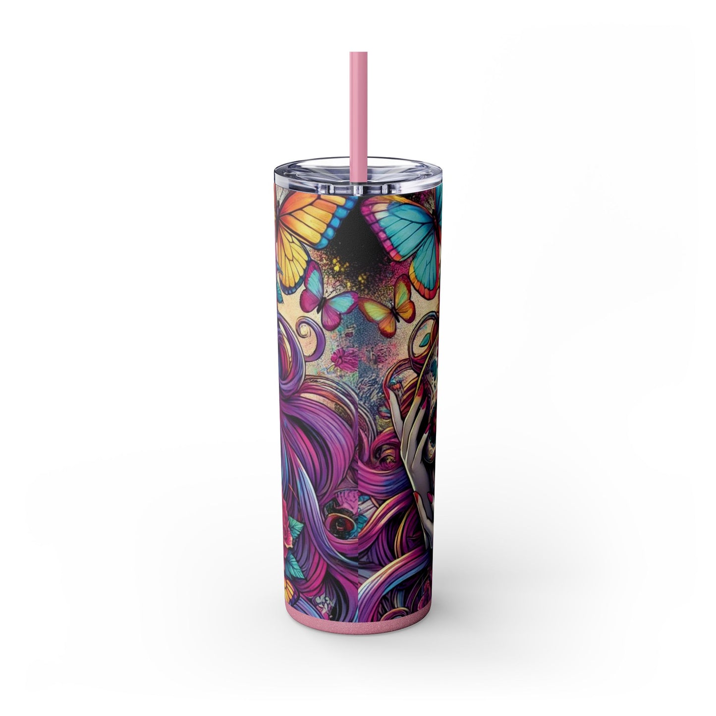 Sugar Skull Day of the Dead Butterfly Theme Skinny Tumbler with Straw, 20oz