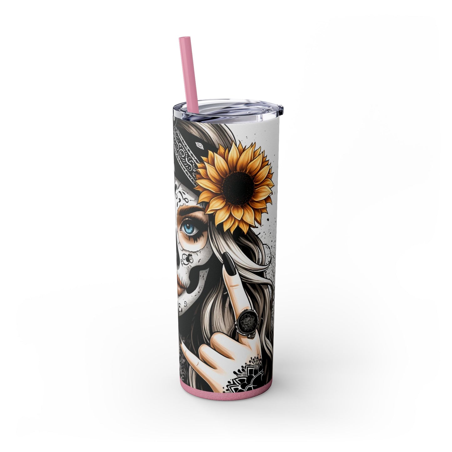 Sugar Skull Day of the Dead Sunflower Theme Skinny Tumbler with Straw, 20oz