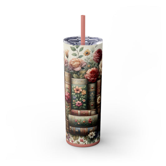 Books & Roses Skinny Tumbler with Straw, 20oz