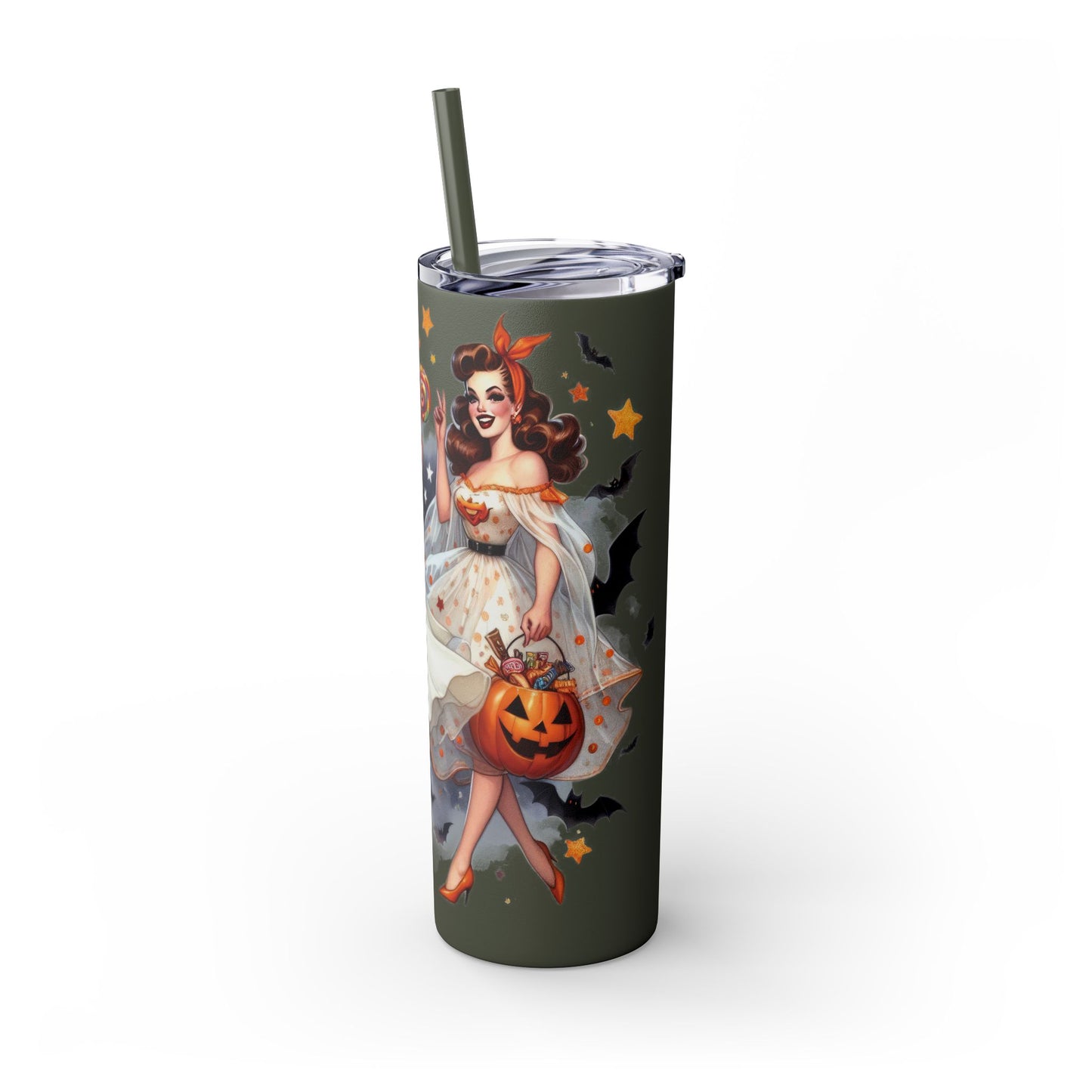 Vintage Halloween Pin Up Girls Skinny Tumbler with Straw, 20oz