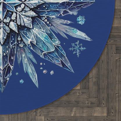 Dark Blue Winter Crystal Snowflake Round Rug 5 Ft