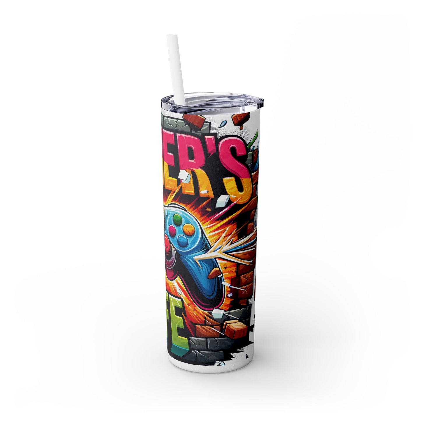 Retro Vintage Style Gamers Life Skinny Tumbler with Straw, 20oz