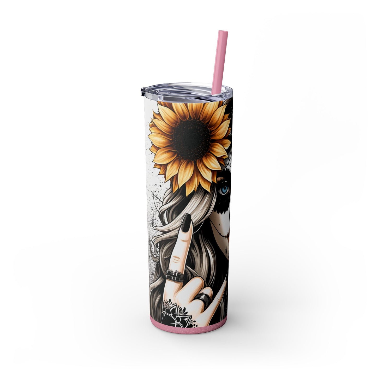 Sugar Skull Day of the Dead Sunflower Theme Skinny Tumbler with Straw, 20oz