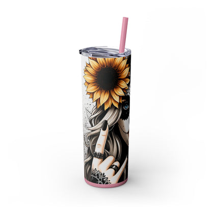 Sugar Skull Day of the Dead Sunflower Theme Skinny Tumbler with Straw, 20oz