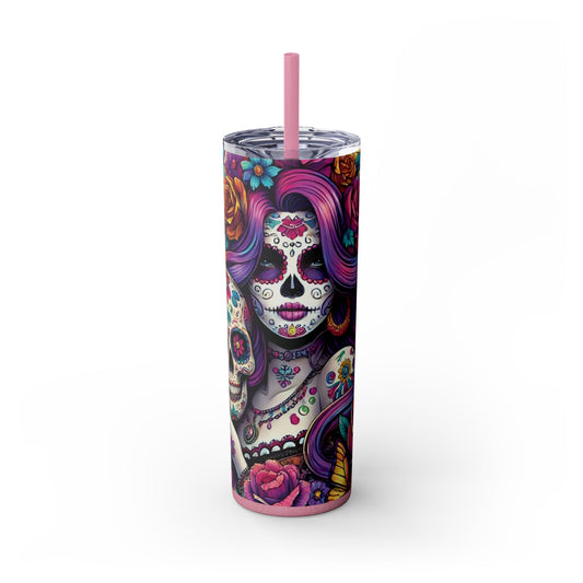 Sugar Skull Day of the Dead Butterfly Theme Skinny Tumbler with Straw, 20oz