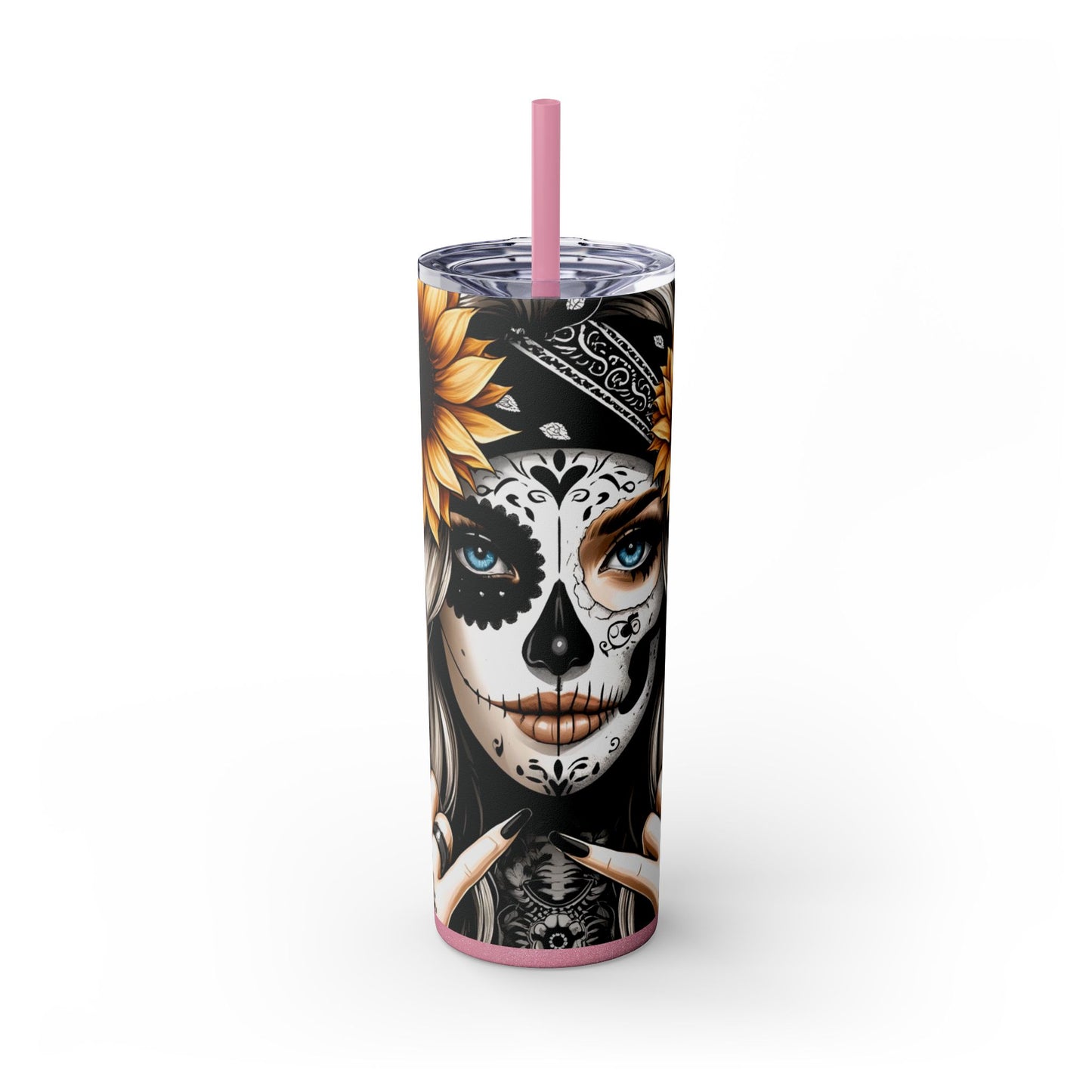 Sugar Skull Day of the Dead Sunflower Theme Skinny Tumbler with Straw, 20oz