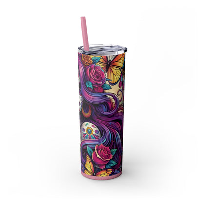 Sugar Skull Day of the Dead Butterfly Theme Skinny Tumbler with Straw, 20oz