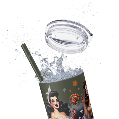 Vintage Halloween Pin Up Girls Skinny Tumbler with Straw, 20oz