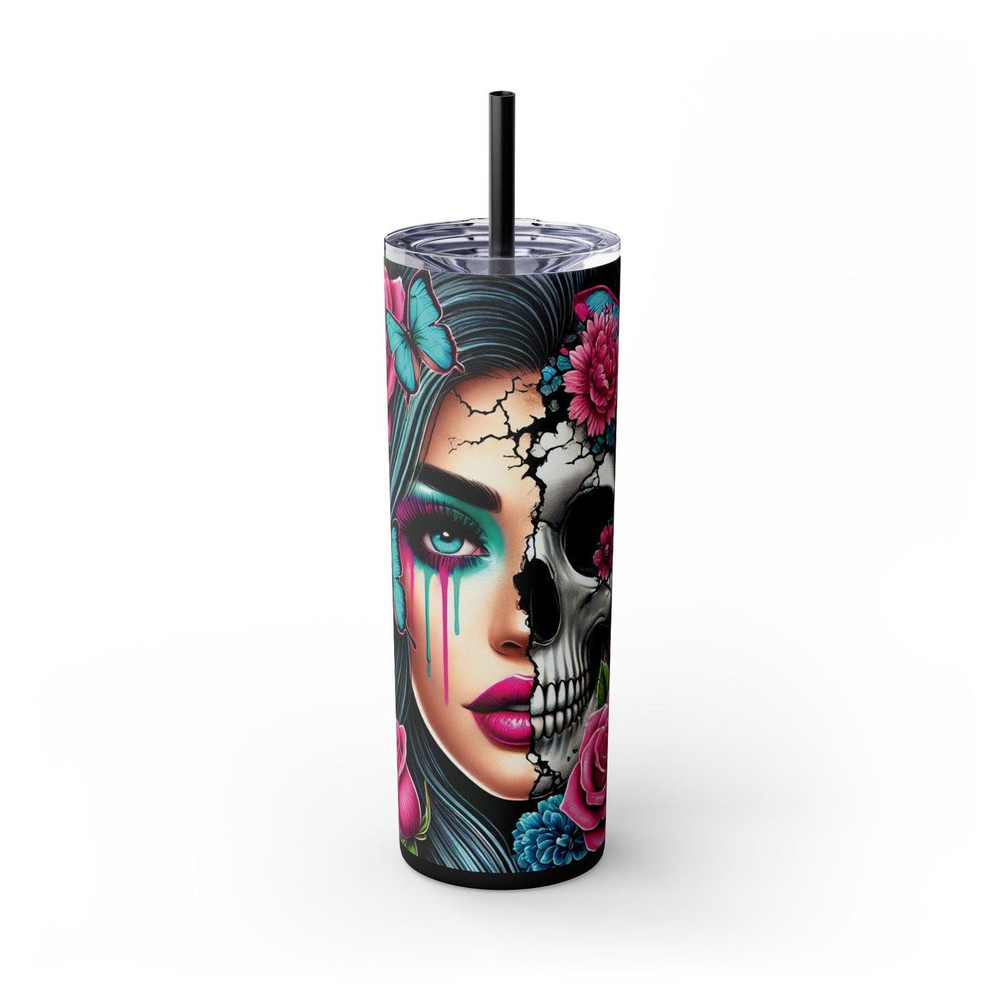 Sugar Skull Day of the Dead Half Mask Theme Skinny Tumbler with Straw, 20oz