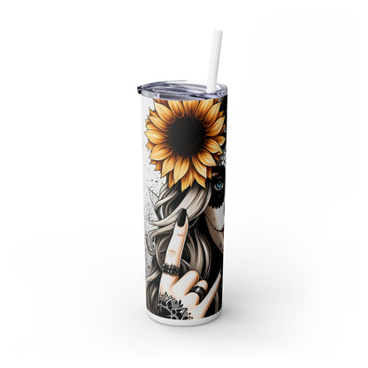 Sugar Skull Day of the Dead Sunflower Theme Skinny Tumbler with Straw, 20oz