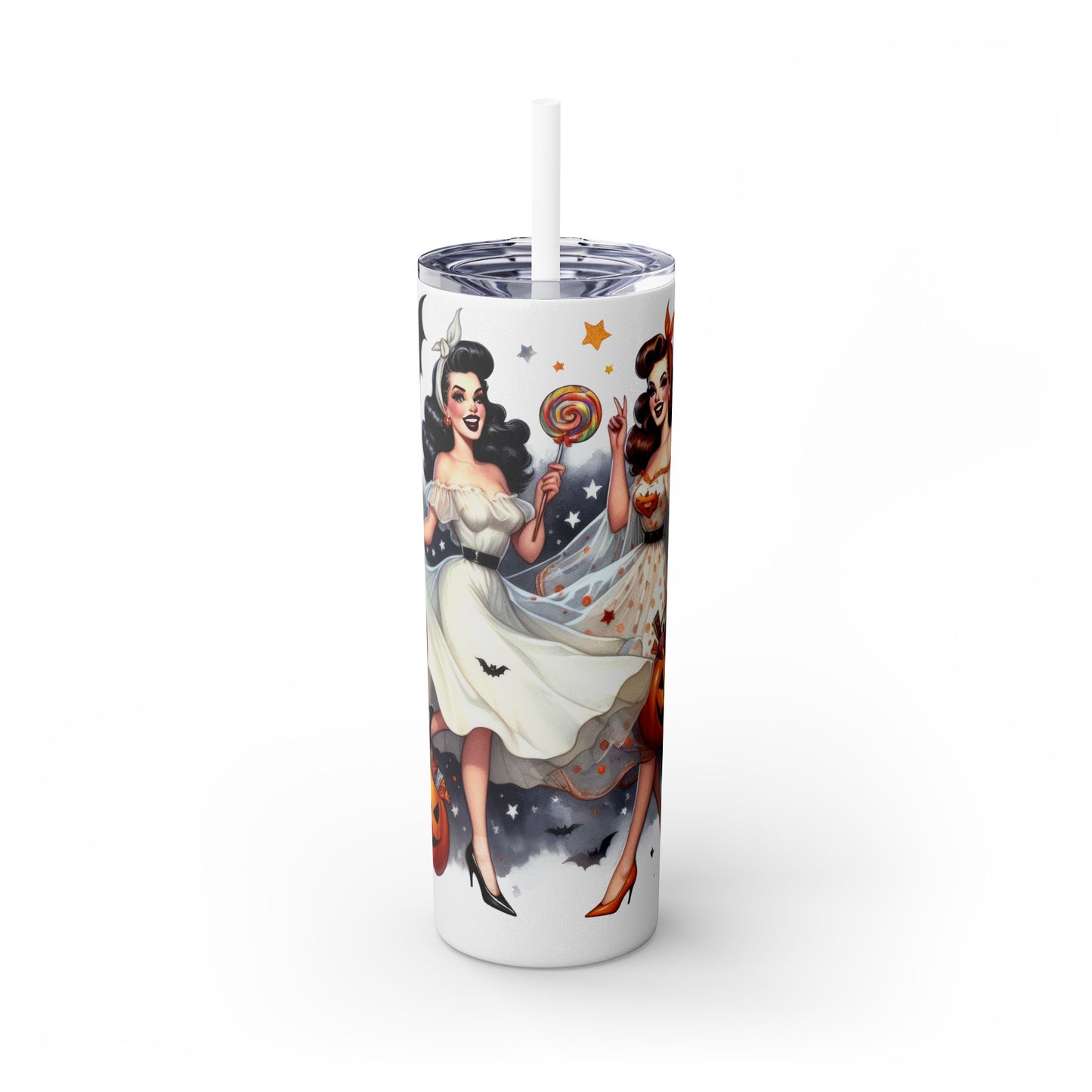 Vintage Halloween Pin Up Girls Skinny Tumbler with Straw, 20oz