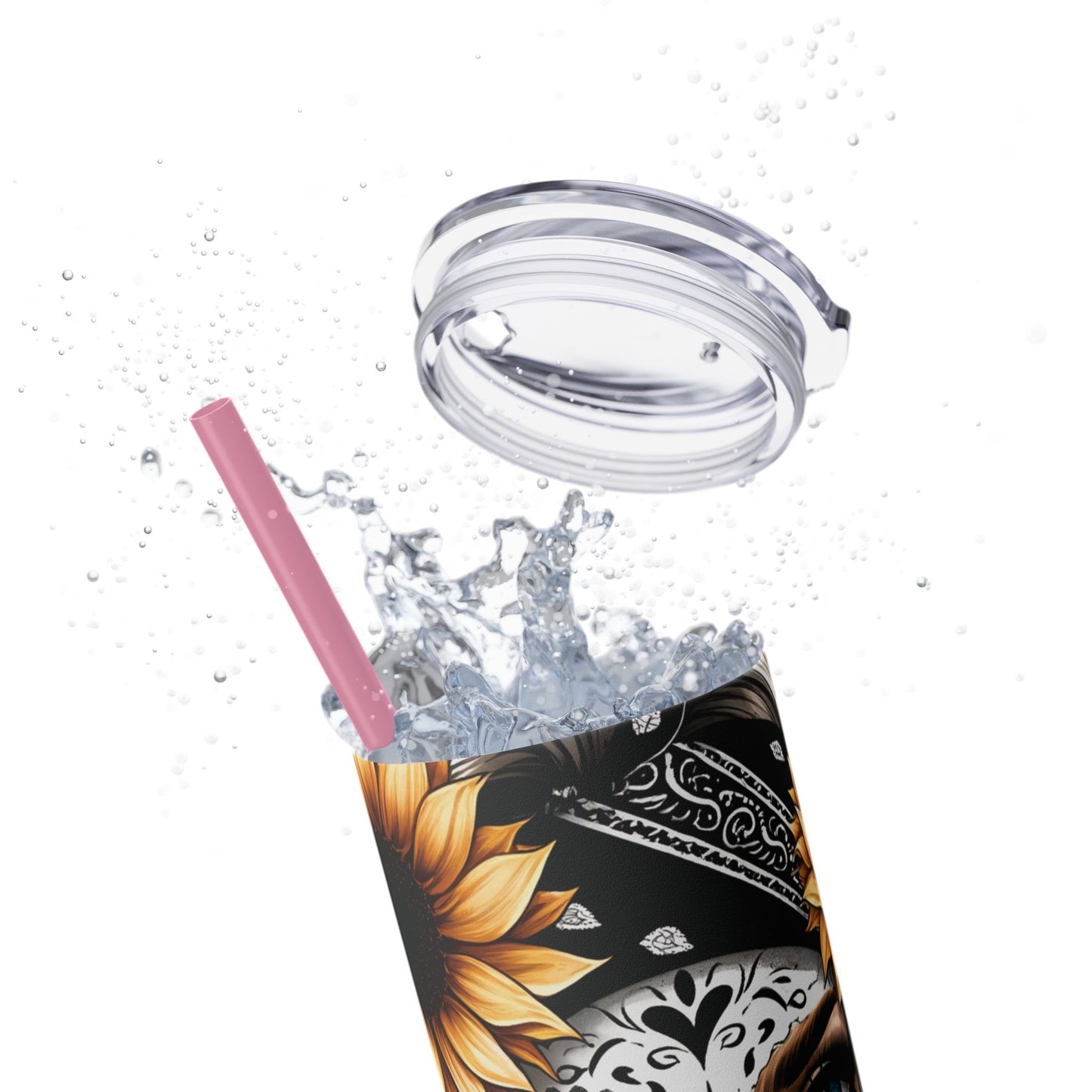 Sugar Skull Day of the Dead Sunflower Theme Skinny Tumbler with Straw, 20oz