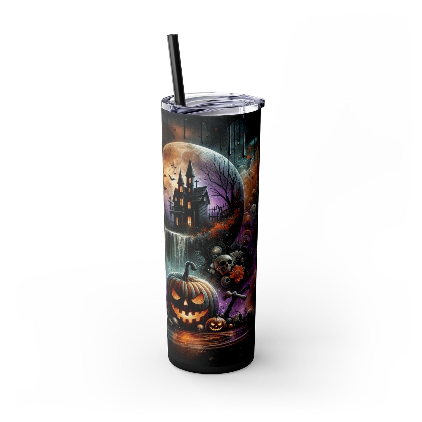 Witch Pumpkins and Skulls Creepy Halloween Skinny Tumbler with Straw, 20oz