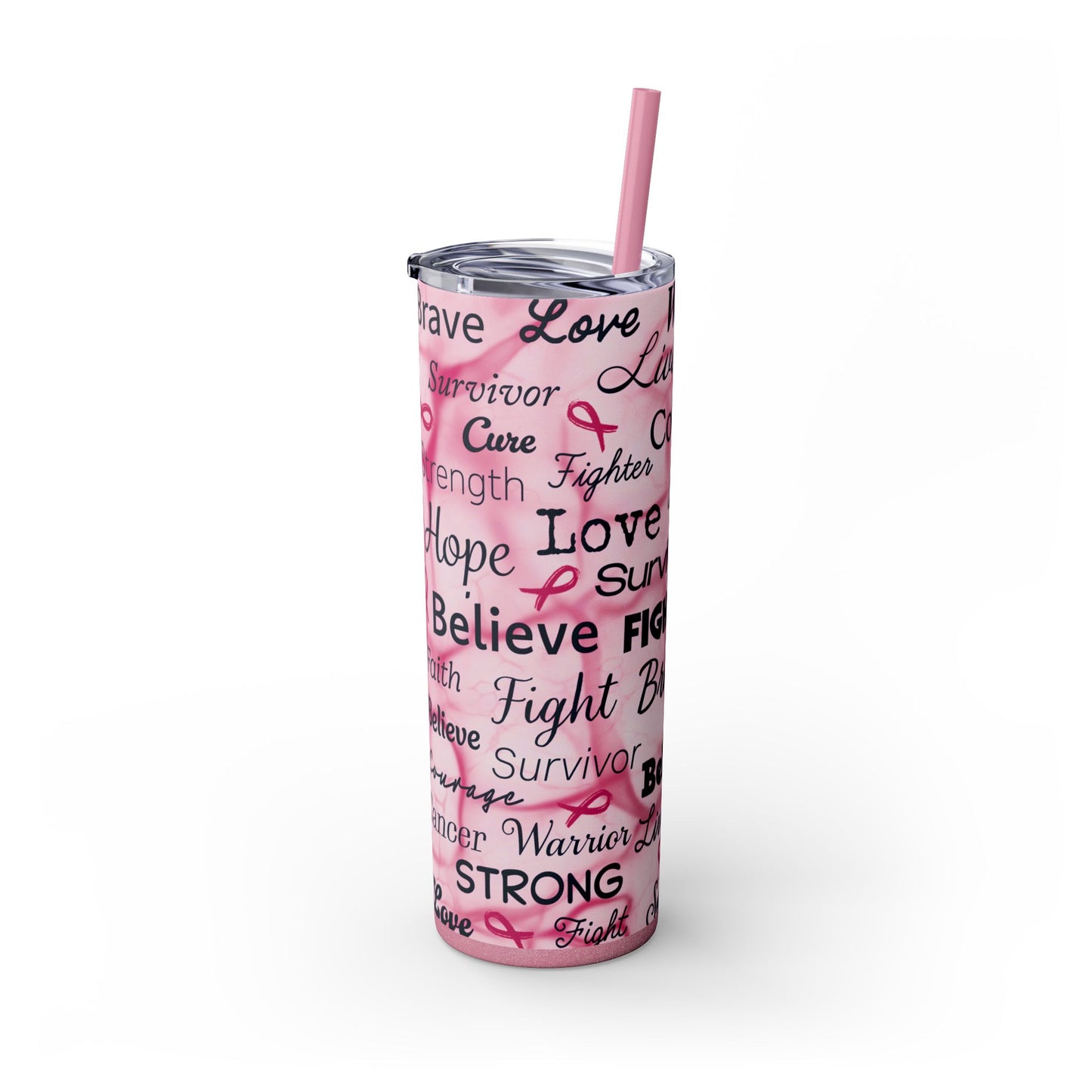 Breast Cancer Positive Words Warrior Survivor Skinny Tumbler with Straw, 20oz