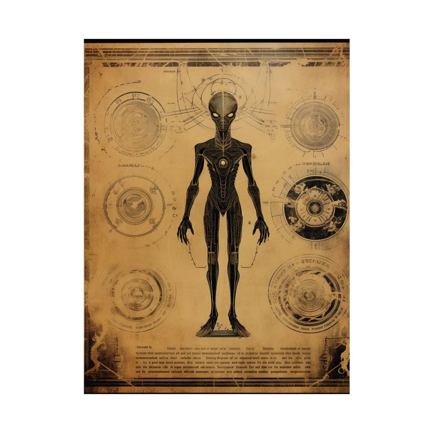 Extraterrestrial Anatomy: Vintage Sci-Fi Blueprint Poster Wall Art in 3 Sizes