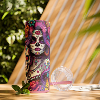 Exotic Sugar Skull Retro 80's Style Skinny Tumbler with Straw, 20oz