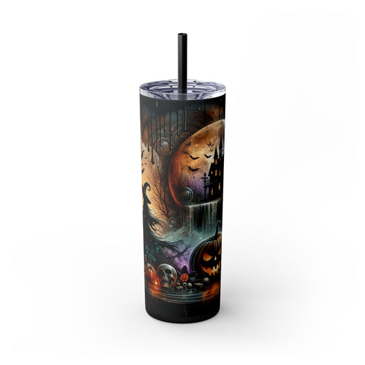 Witch Pumpkins and Skulls Creepy Halloween Skinny Tumbler with Straw, 20oz