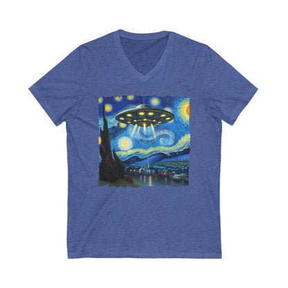 UFO Saucer Starry Night Short Sleeve V-Neck Tee