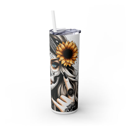 Sugar Skull Day of the Dead Sunflower Theme Skinny Tumbler with Straw, 20oz