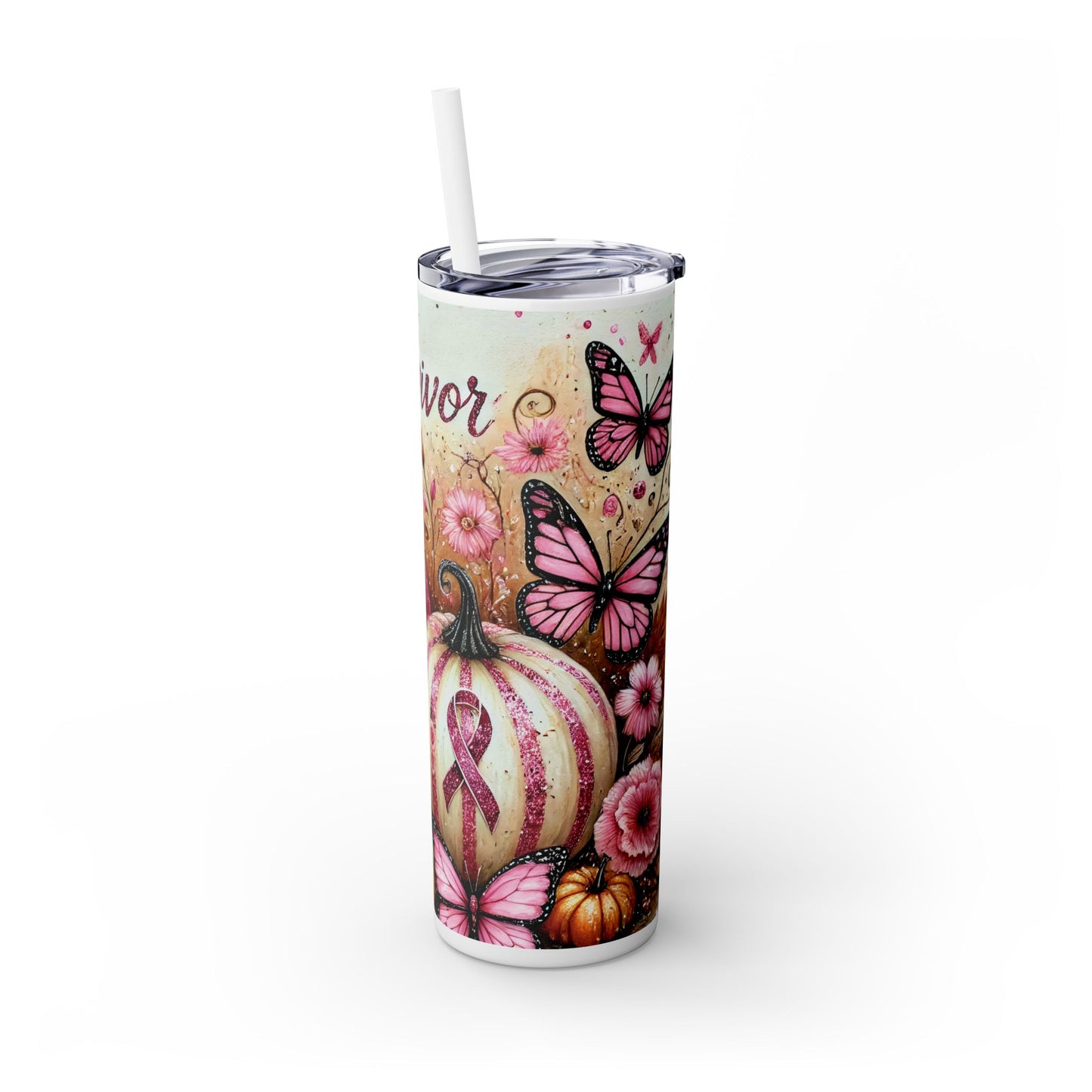 Breast Cancer Survivor Skinny Tumbler with Straw, 20oz