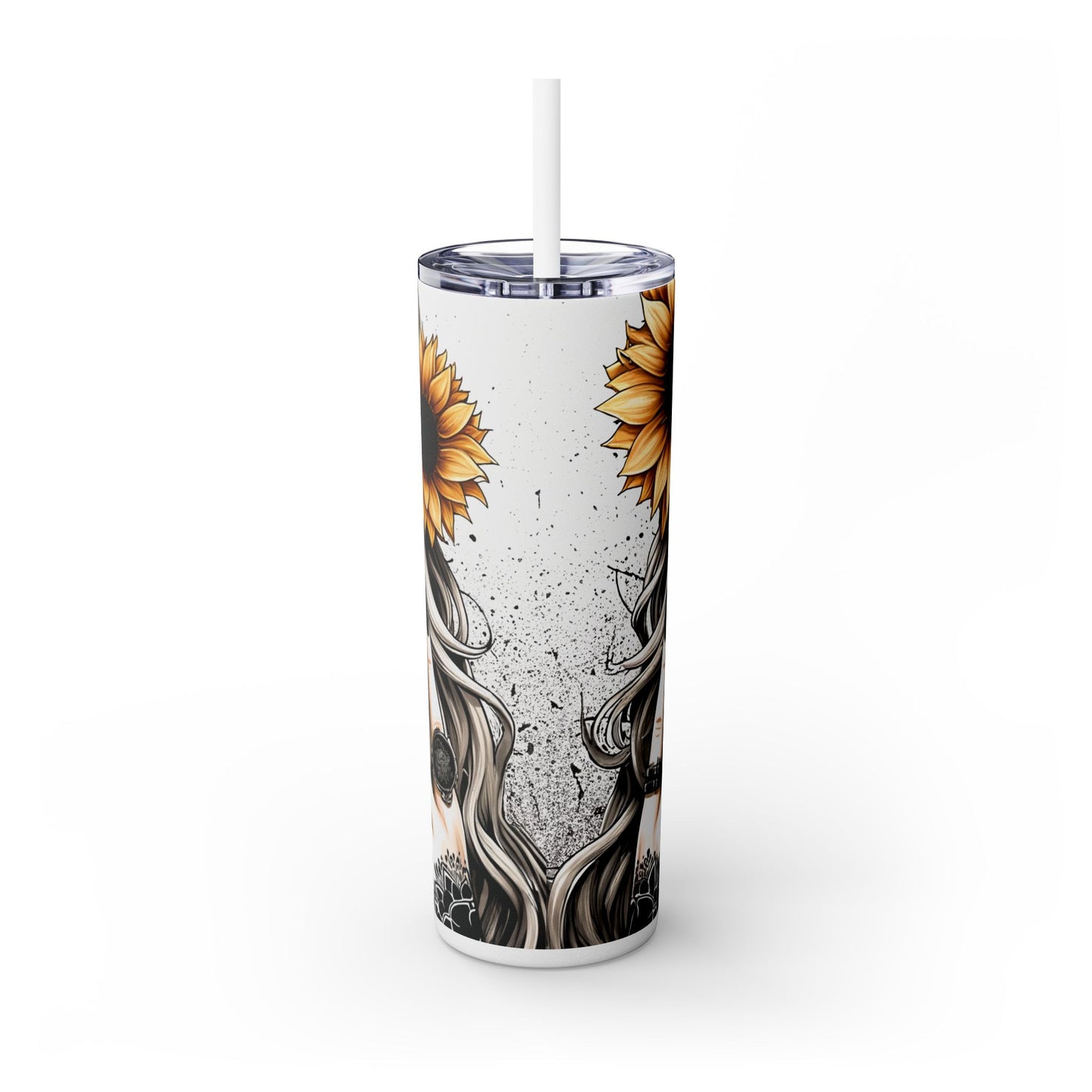 Sugar Skull Day of the Dead Sunflower Theme Skinny Tumbler with Straw, 20oz