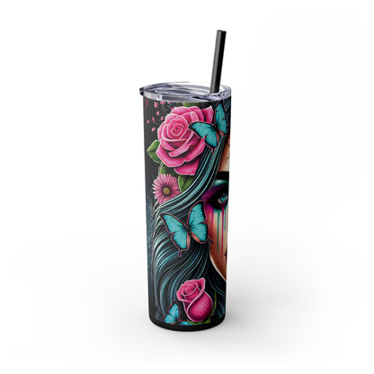 Sugar Skull Day of the Dead Half Mask Theme Skinny Tumbler with Straw, 20oz