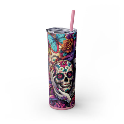 Exotic Sugar Skull Retro 80's Style Skinny Tumbler with Straw, 20oz