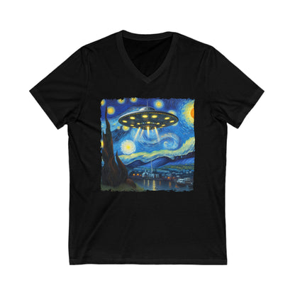 UFO Saucer Starry Night Short Sleeve V-Neck Tee