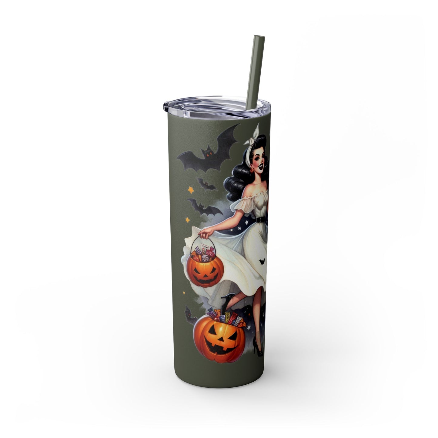 Vintage Halloween Pin Up Girls Skinny Tumbler with Straw, 20oz