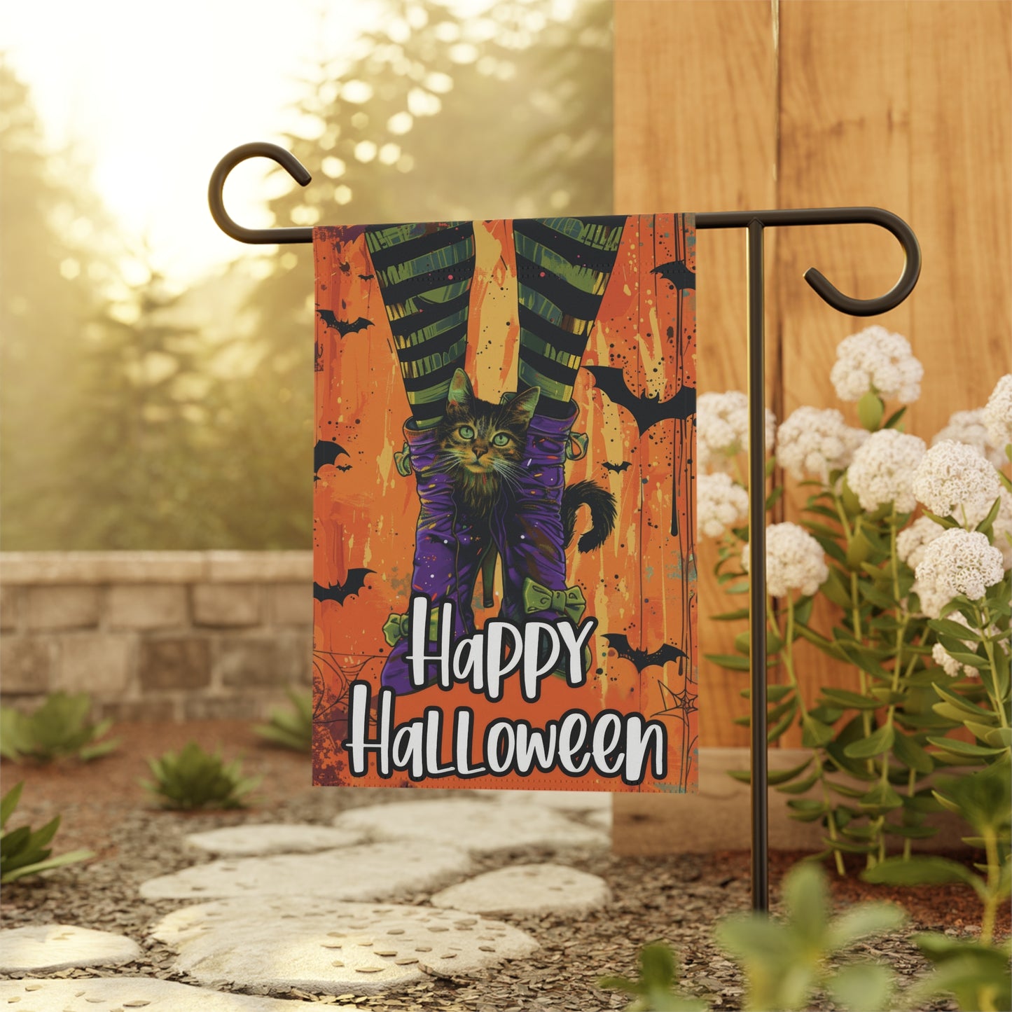 Kitten Peeking Through Witch Legs Halloween Garden & House Banner