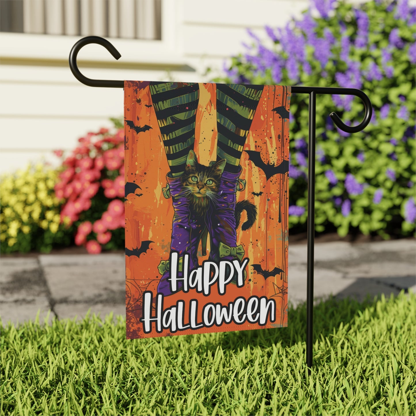 Kitten Peeking Through Witch Legs Halloween Garden & House Banner