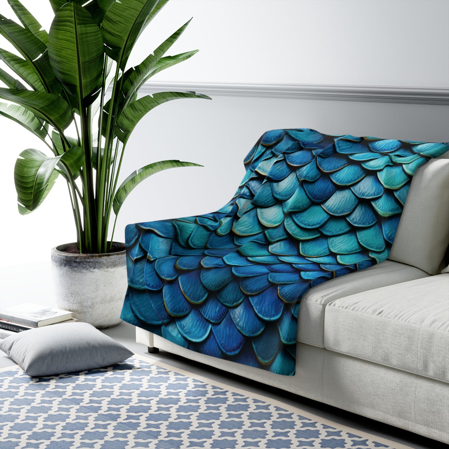 Dragon Scales Shades of Blue Sherpa Fleece Blanket Throw