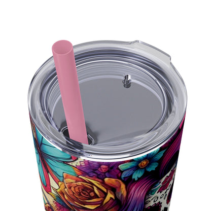 Exotic Sugar Skull Retro 80's Style Skinny Tumbler with Straw, 20oz