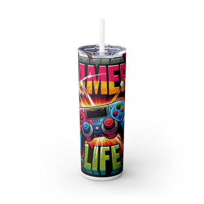 Retro Vintage Style Gamers Life Skinny Tumbler with Straw, 20oz