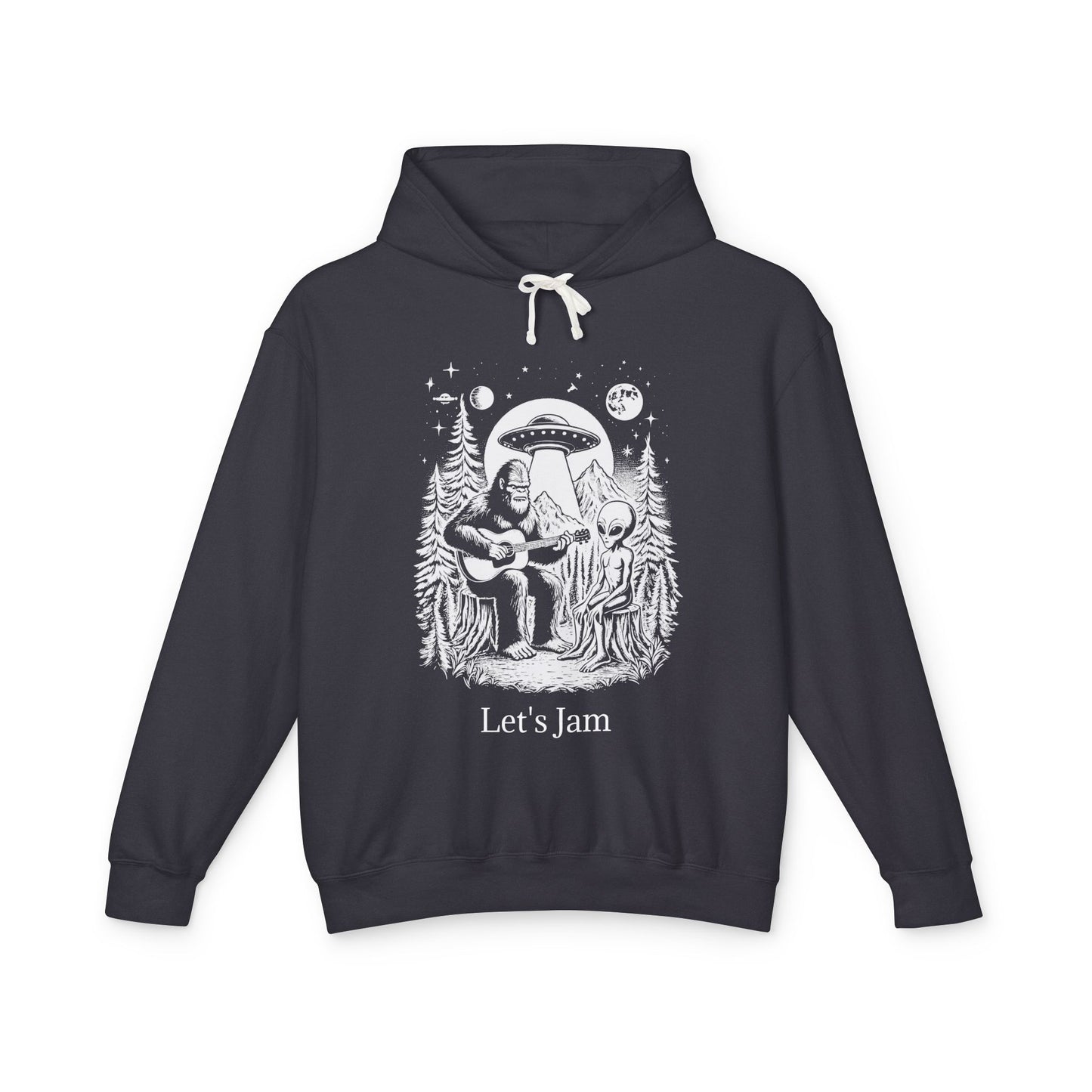 Let's Jam Bigfoot UFO Alien Unisex Lightweight Hooded Sweatshirt