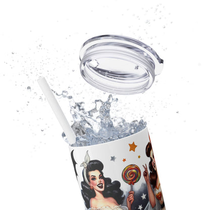 Vintage Halloween Pin Up Girls Skinny Tumbler with Straw, 20oz