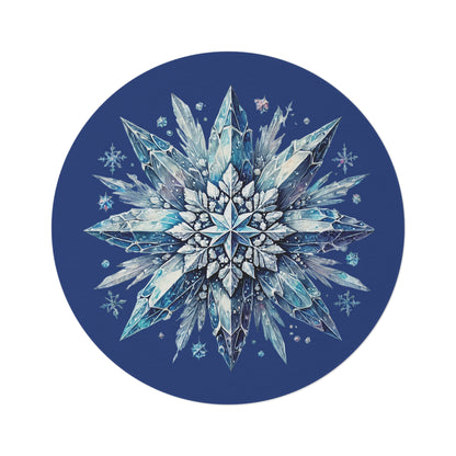 Dark Blue Winter Crystal Snowflake Round Rug 5 Ft