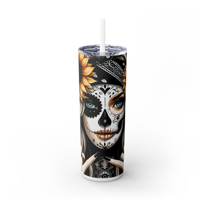 Sugar Skull Day of the Dead Sunflower Theme Skinny Tumbler with Straw, 20oz