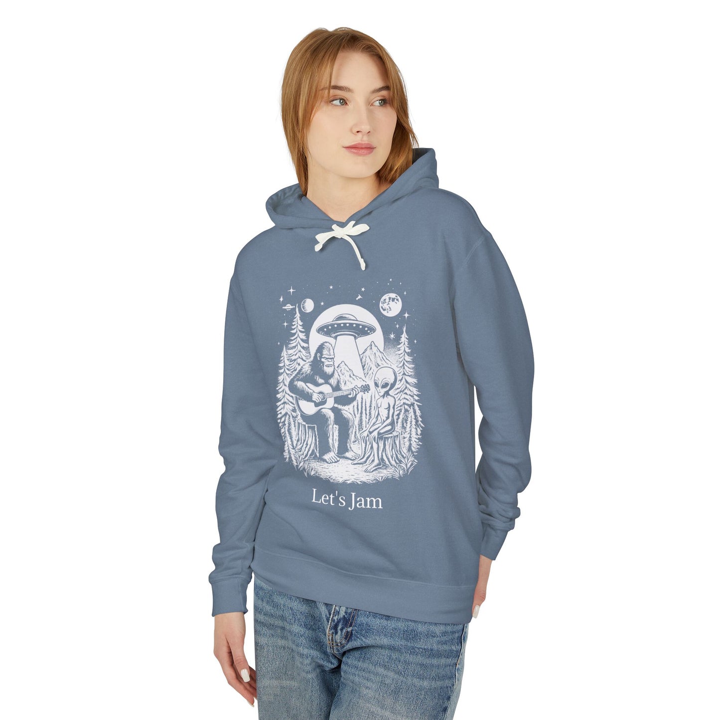 Let's Jam Bigfoot UFO Alien Unisex Lightweight Hooded Sweatshirt