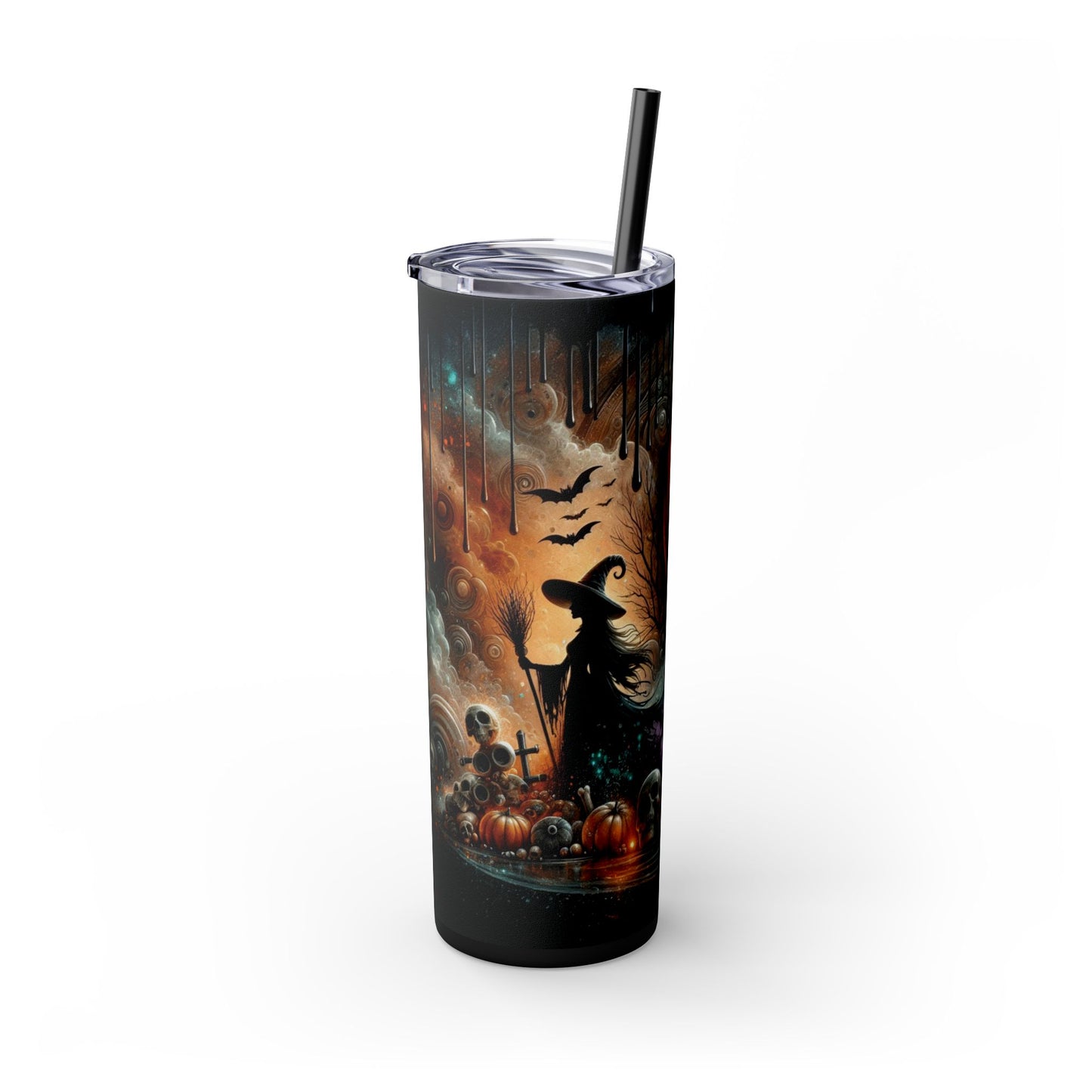 Witch Pumpkins and Skulls Creepy Halloween Skinny Tumbler with Straw, 20oz