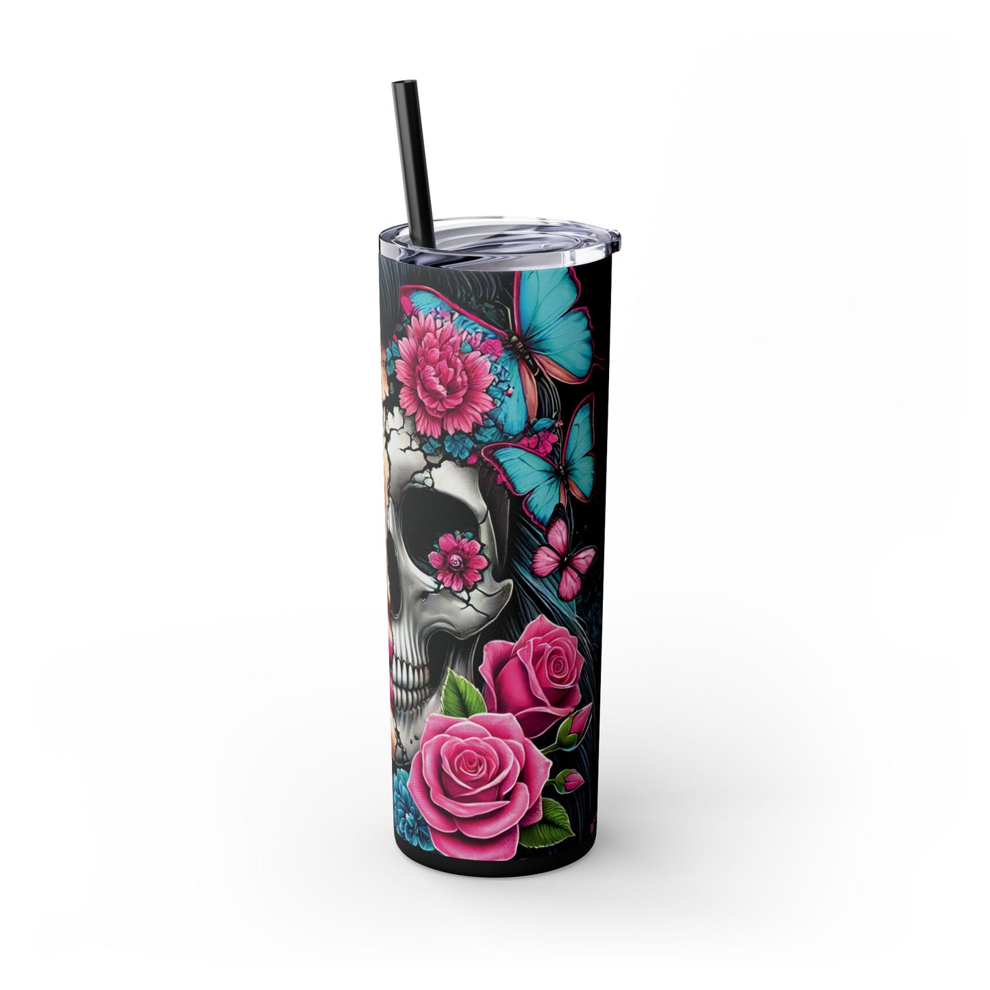 Sugar Skull Day of the Dead Half Mask Theme Skinny Tumbler with Straw, 20oz