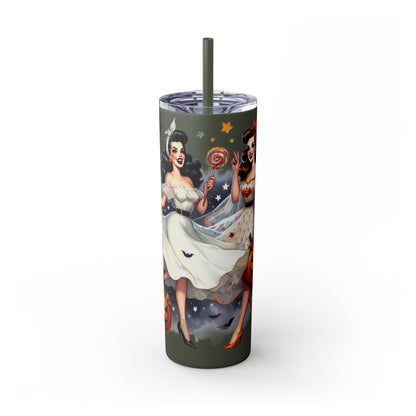 Vintage Halloween Pin Up Girls Skinny Tumbler with Straw, 20oz