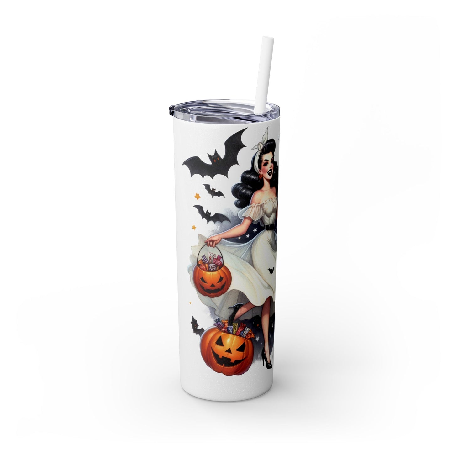 Vintage Halloween Pin Up Girls Skinny Tumbler with Straw, 20oz