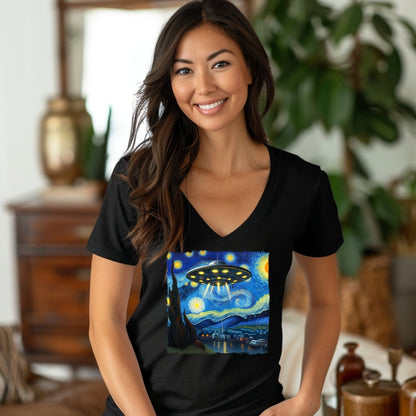 UFO Saucer Starry Night Short Sleeve V-Neck Tee