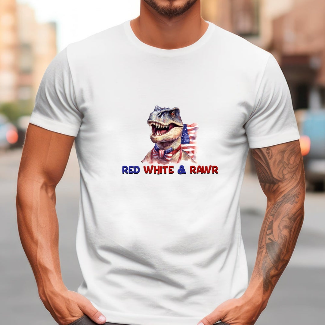 Red White and Rawr Dinosaur Streetwear Unisex Short Sleeve Tee