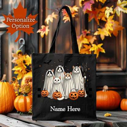 Ghost Cats Cotton Canvas Tote Trick or Treat Halloween Bag Personalized