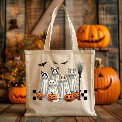 Ghost Cats Cotton Canvas Tote Trick or Treat Halloween Bag Personalized